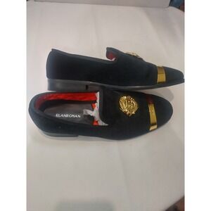 Elanroman Mens Black Velvet Loafers Gold Crest Metal Toe Dress Shoes Size 42